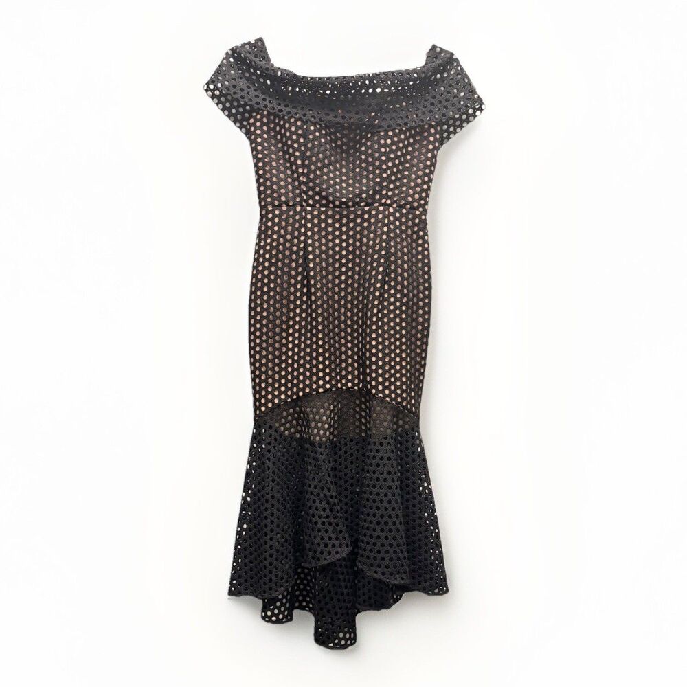 JARLO Black Eyelet Sheer SZ 8 Off-Shoulder Ruffled Trumpet Dress Party Cocktail - Picture 3 of 6